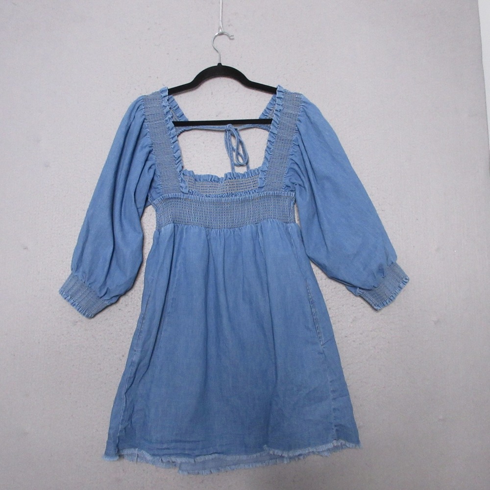 Free People Mini Dress This is Everything Babydoll Denim Smocked Tie Neck Boho - Picture 2 of 9